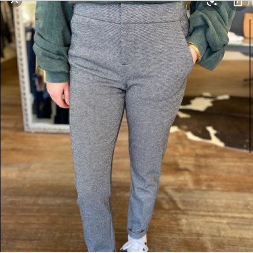 Ecru Herringbone Presidio Cuff Ankle Trouser Pant Black Gray Print
